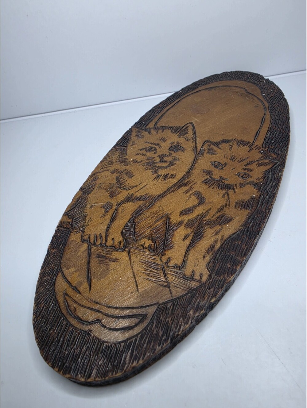 Antique Flemish 856 Art Pyrography Wood Plaque Cats Kittens Wall Hanging Sign